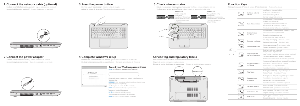 Function keys, 4connect the network cable (optional), Connect the power adapter | 12 3 press the power button, Complete windows setup, Service tag and regulatory labels, Check wireless status, Record your windows password here | Dell Inspiron 17 (3737, Mid 2013) User Manual | Page 2 / 2