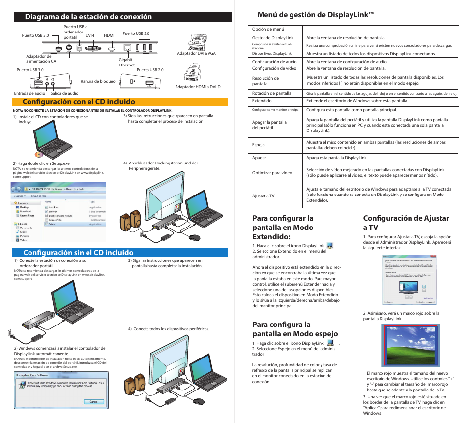 Configuración con el cd incluido, Configuración sin el cd incluido, Diagrama de la estación de conexión | Menú de gestión de displaylink, Dc 5 v up dvi hdm i, Dc 5v up dvi hdm i dc 5v up dvi hdm i | Dell SuperSpeed USB 3.0 Docking Station User Manual | Page 2 / 2