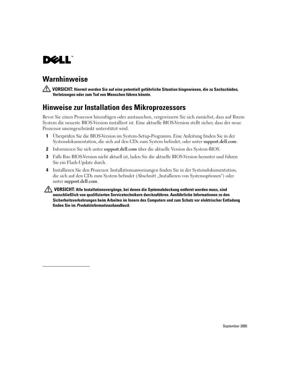 Hinweise zur installation des mikroprozessors, Warnhinweise | Dell PowerEdge SC 430 User Manual | Page 4 / 7