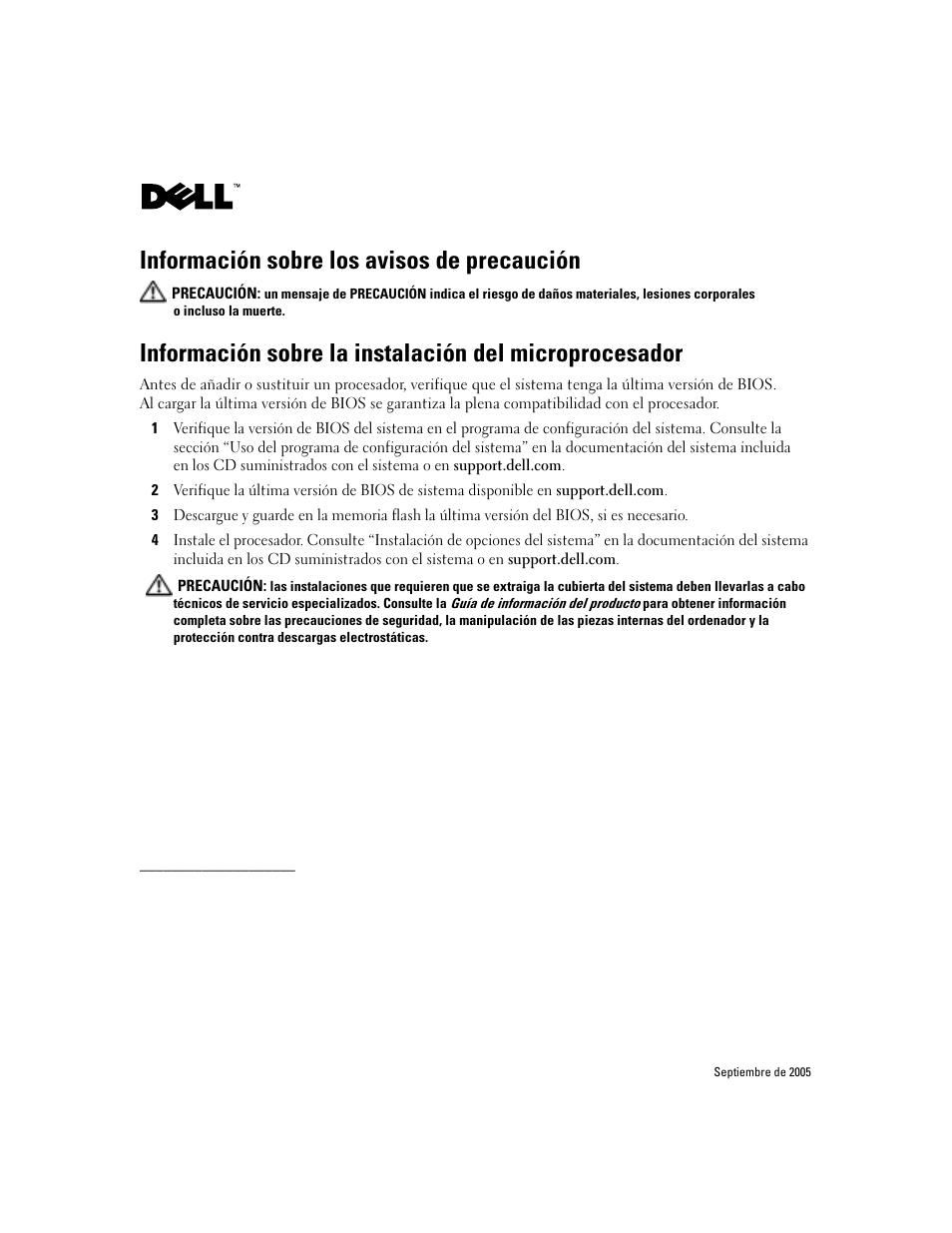 Información sobre los avisos de precaución | Dell PowerEdge SC 430 User Manual | Page 7 / 7