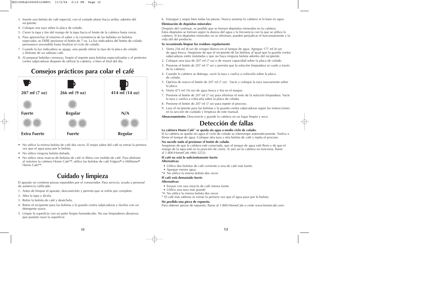 Consejos prácticos para colar el café, Cuidado y limpieza, Detección de fallas | Black & Decker AM7 User Manual | Page 7 / 15
