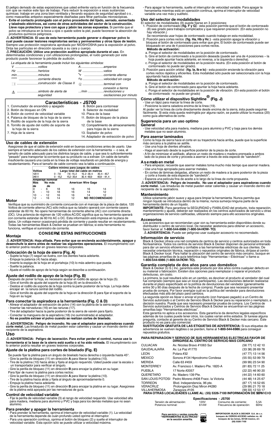 Características - js700 | Black & Decker 587384-00 User Manual | Page 5 / 5