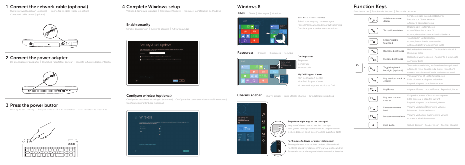 Function keys, 4 complete windows setup, Windows 8 | Connect the network cable (optional), Connect the power adapter, 12 3 press the power button, Enable security, Configure wireless (optional), Charms sidebar resources tiles | Dell Inspiron 17R (5720, Mid 2012) User Manual | Page 2 / 2