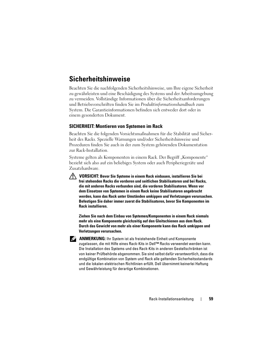 Sicherheitshinweise, Sicherheit: montieren von systemen im rack | Dell PowerEdge M605 User Manual | Page 61 / 144