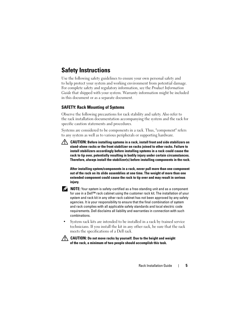 Safety instructions, Safety: rack mounting of systems | Dell PowerEdge M605 User Manual | Page 7 / 144