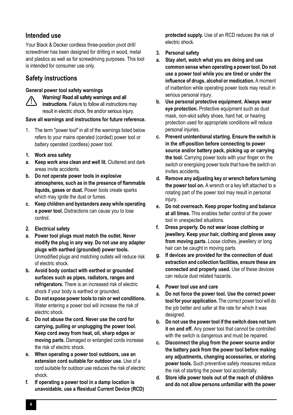 Intended use, Safety instructions | Black & Decker 90528103 User Manual | Page 4 / 12