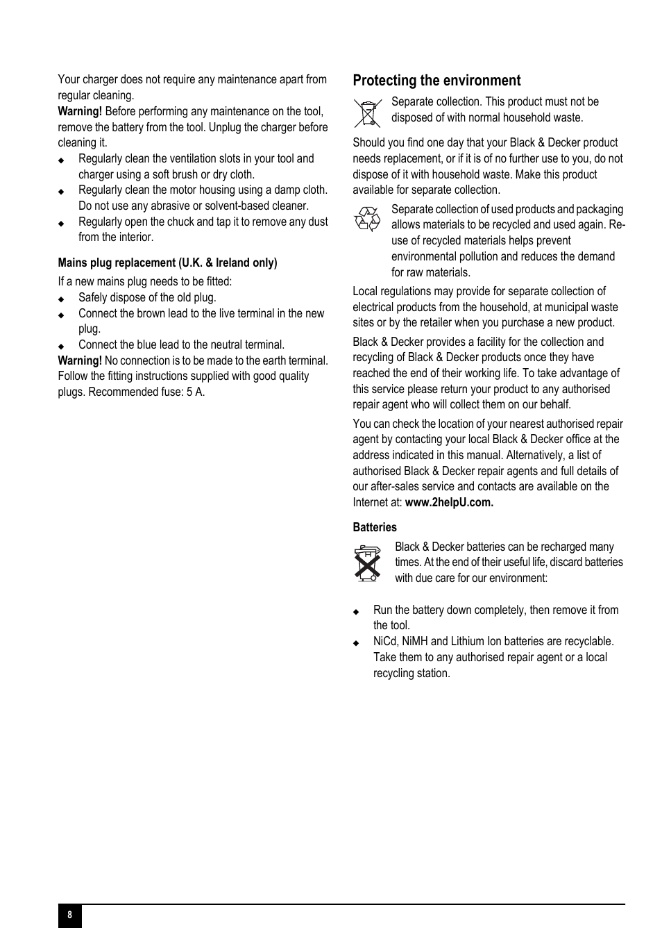 Protecting the environment | Black & Decker 90528103 User Manual | Page 8 / 12