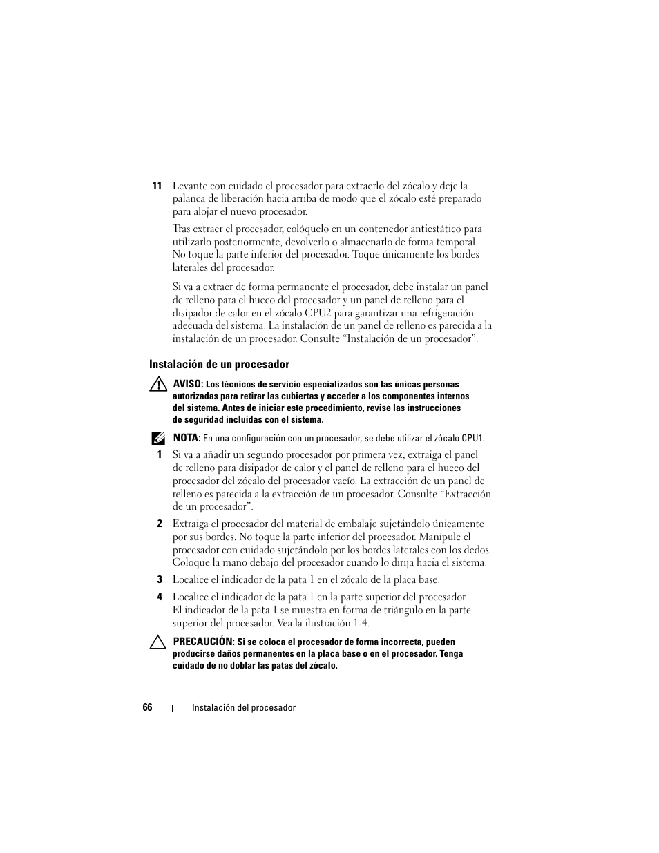 Instalación de un procesador | Dell PowerEdge M610x User Manual | Page 66 / 70
