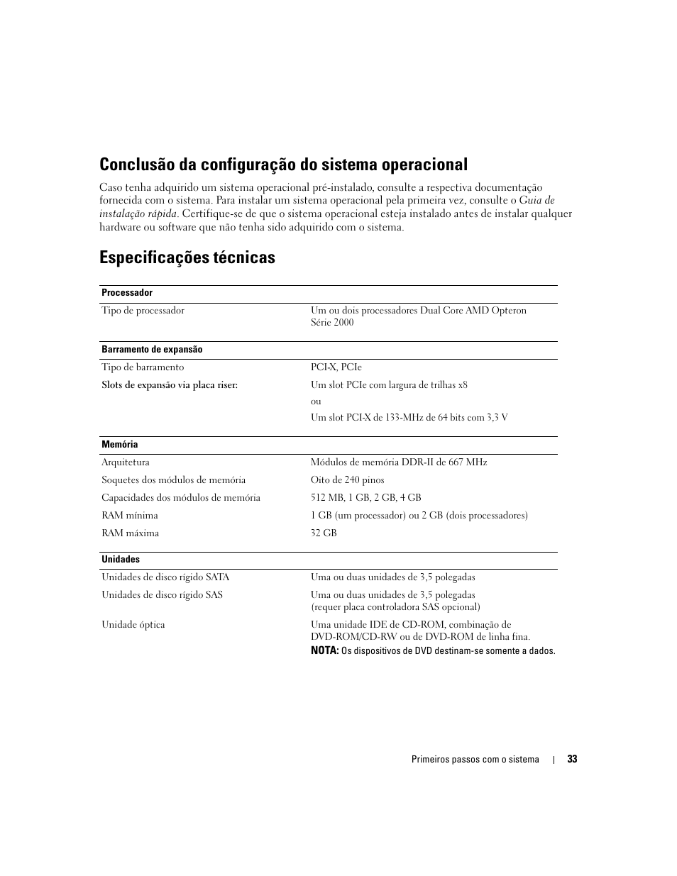 Conclusão da configuração do sistema operacional, Especificações técnicas | Dell PowerEdge SC1435 User Manual | Page 35 / 50