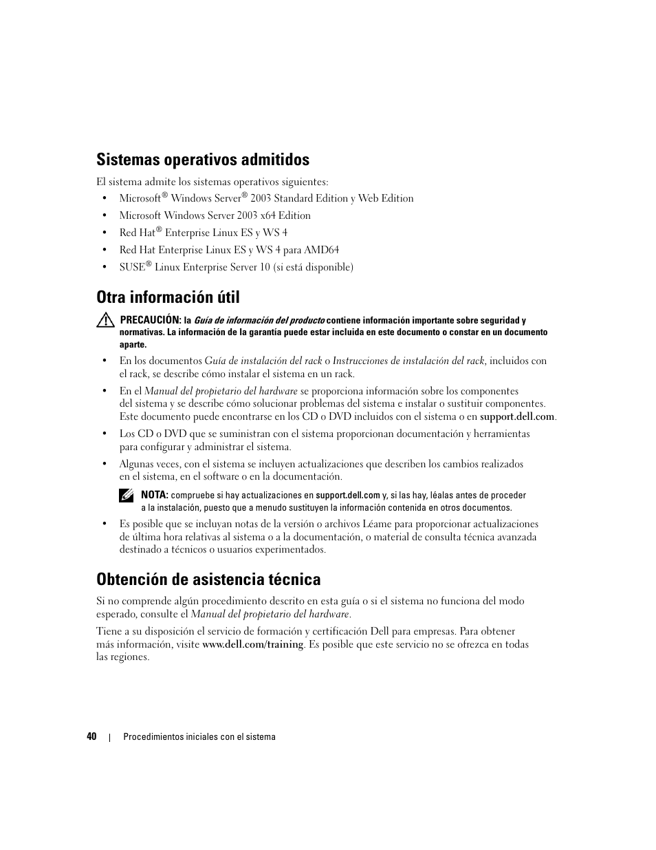 Obtención de asistencia técnica, Sistemas operativos admitidos, Otra información útil | Dell PowerEdge SC1435 User Manual | Page 42 / 50