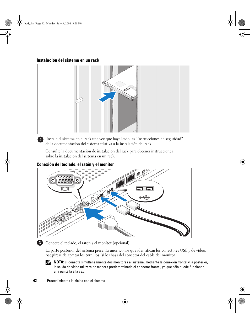 Instalación del sistema en un rack, Conexión del teclado, el ratón y el monitor | Dell PowerEdge SC1435 User Manual | Page 44 / 50