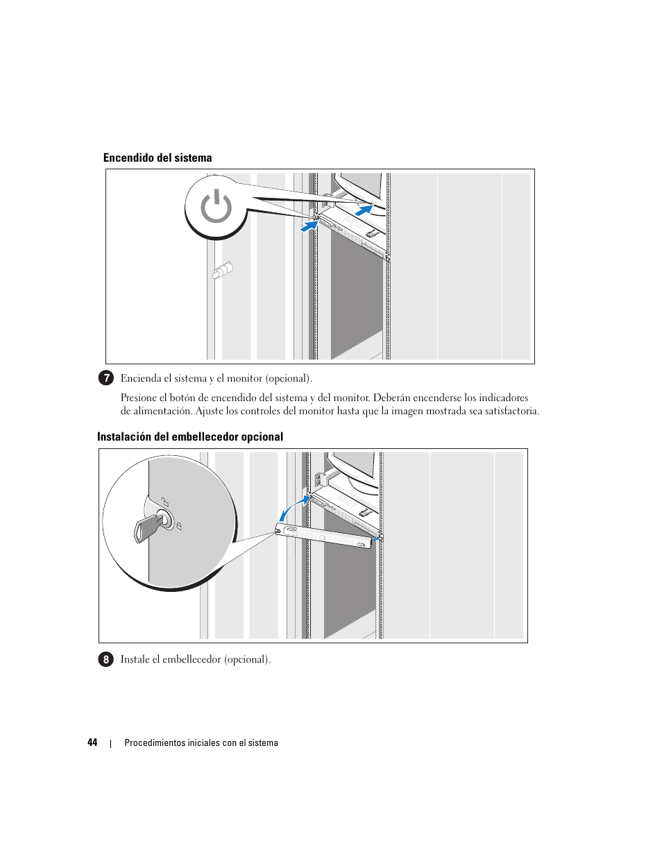 Encendido del sistema, Instalación del embellecedor opcional | Dell PowerEdge SC1435 User Manual | Page 46 / 50