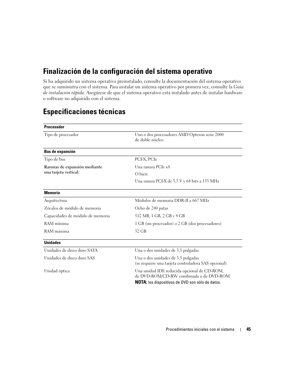 Especificaciones técnicas | Dell PowerEdge SC1435 User Manual | Page 47 / 50