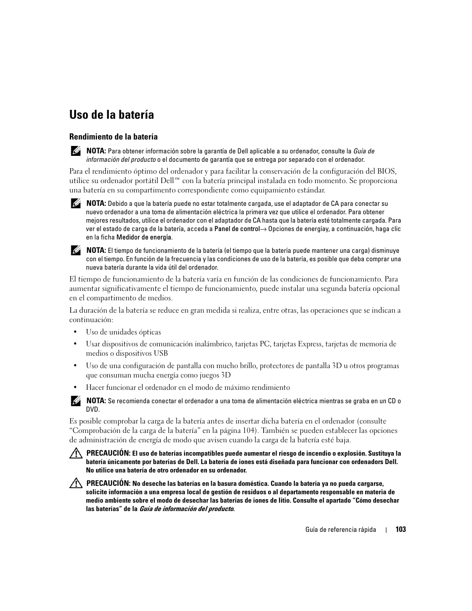 Uso de la batería, Rendimiento de la batería | Dell Precision M65 User Manual | Page 103 / 114