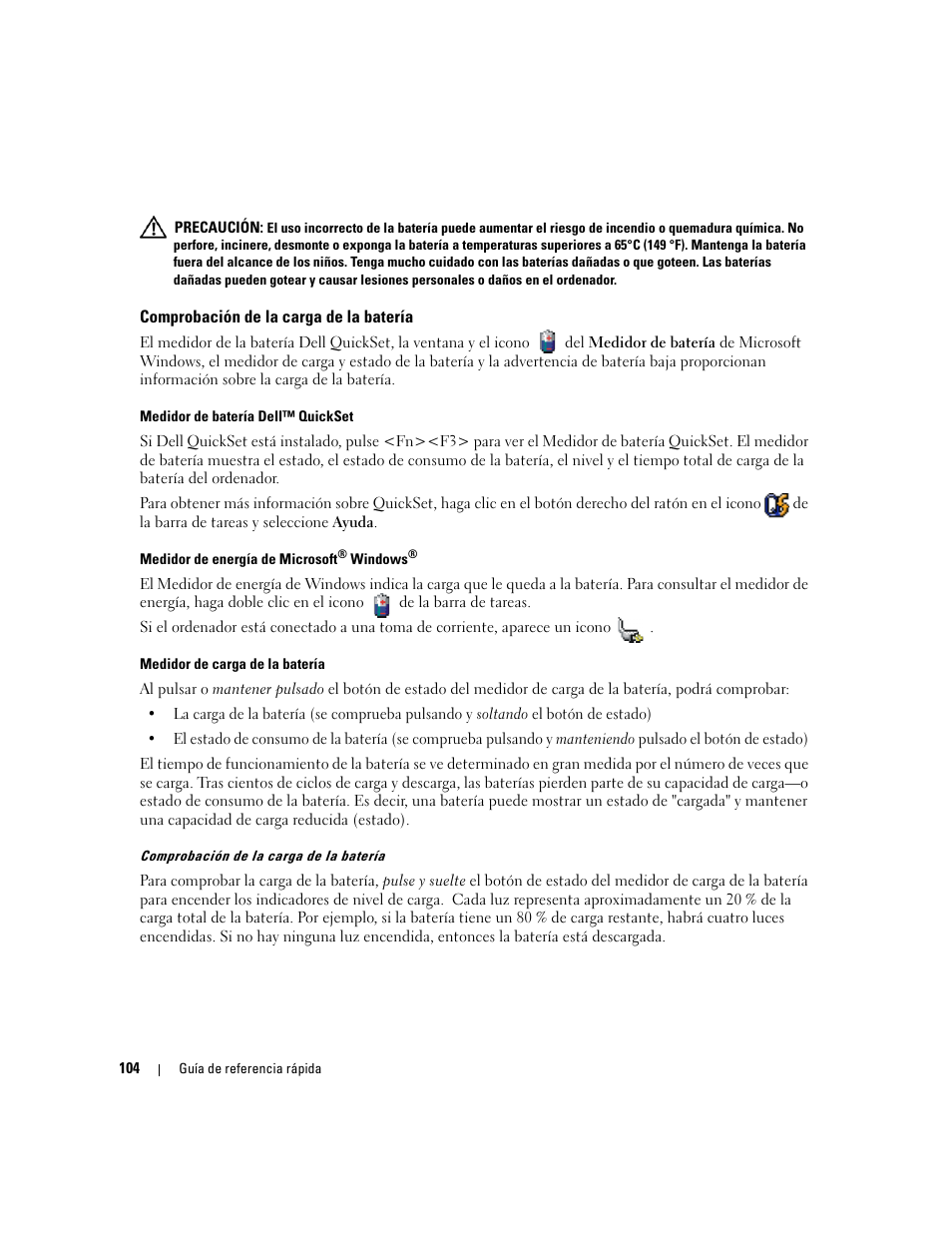 Comprobación de la carga de la batería | Dell Precision M65 User Manual | Page 104 / 114