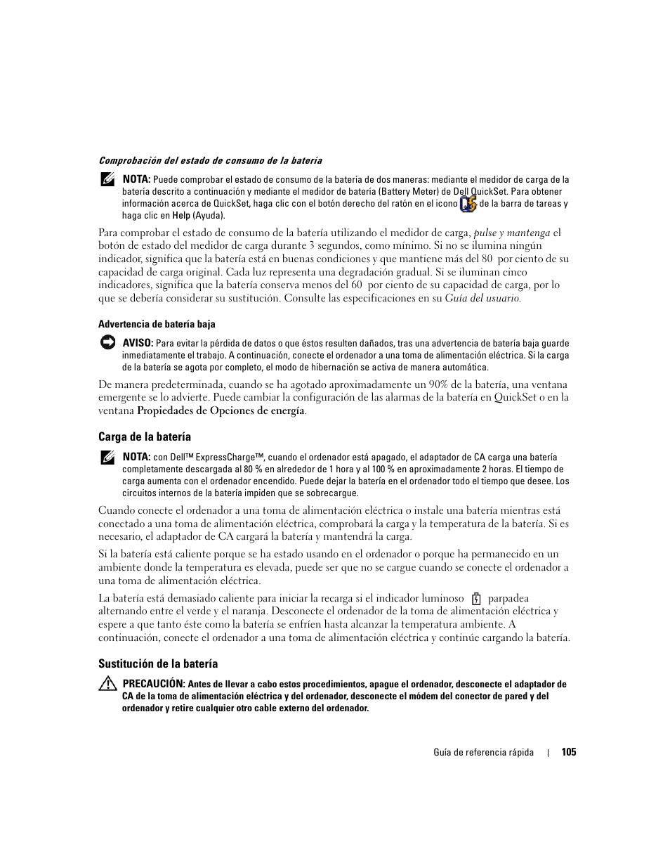 Carga de la batería, Sustitución de la batería | Dell Precision M65 User Manual | Page 105 / 114