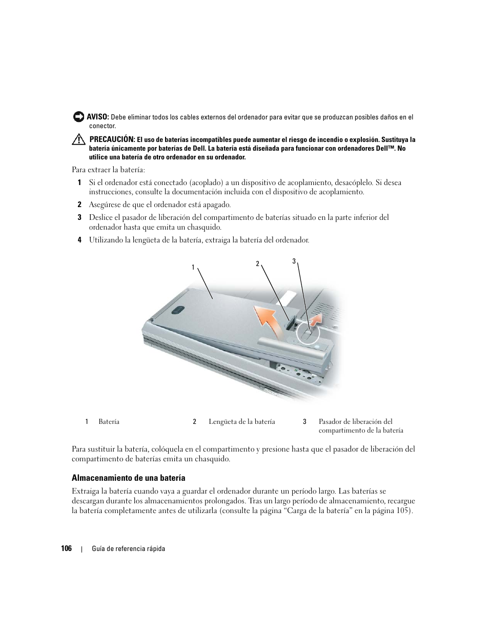 Almacenamiento de una batería | Dell Precision M65 User Manual | Page 106 / 114