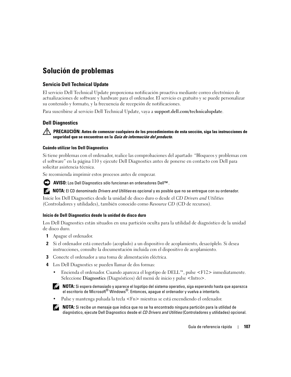 Solución de problemas, Servicio dell technical update, Dell diagnostics | Dell Precision M65 User Manual | Page 107 / 114