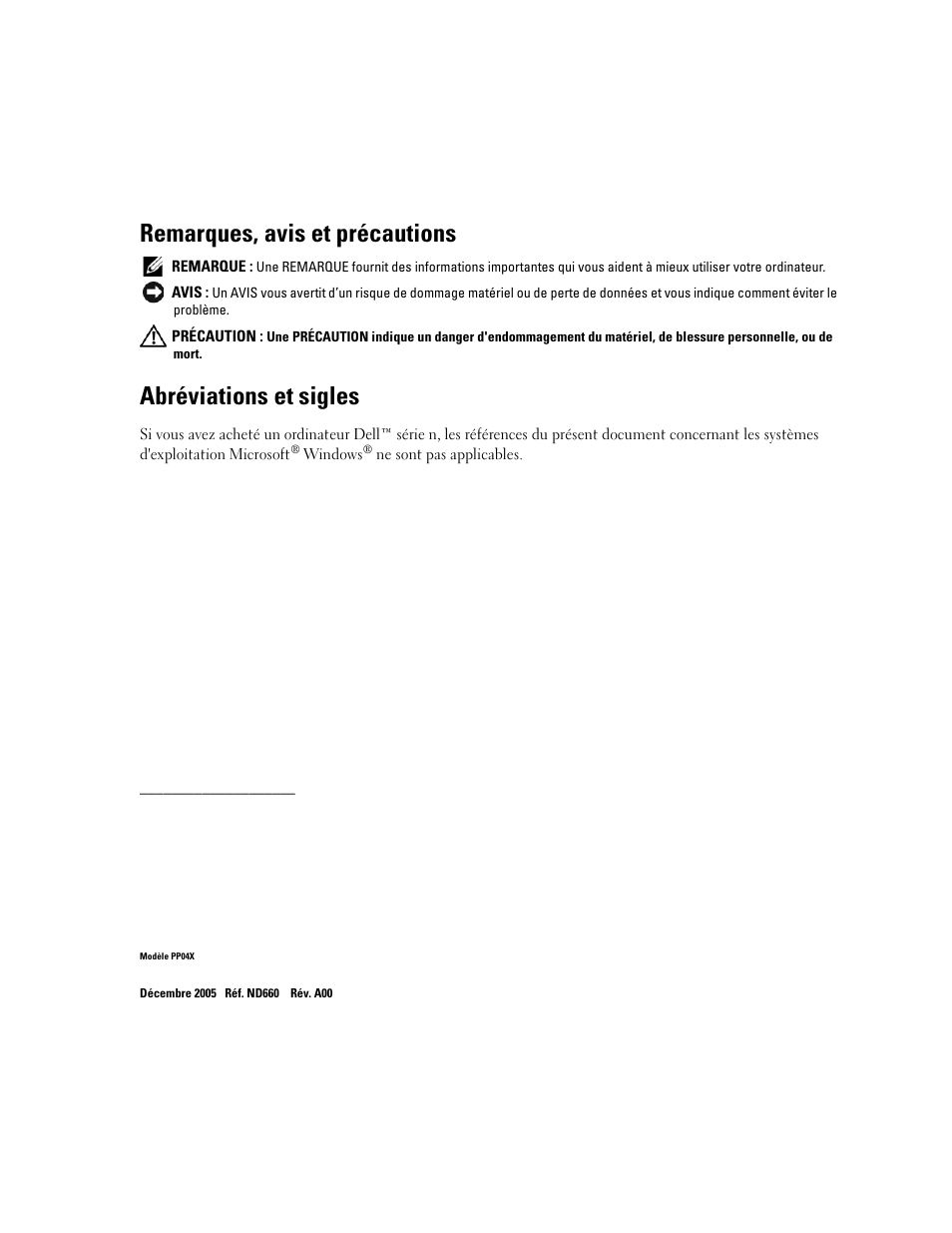 Remarques, avis et précautions, Abréviations et sigles | Dell Precision M65 User Manual | Page 24 / 114