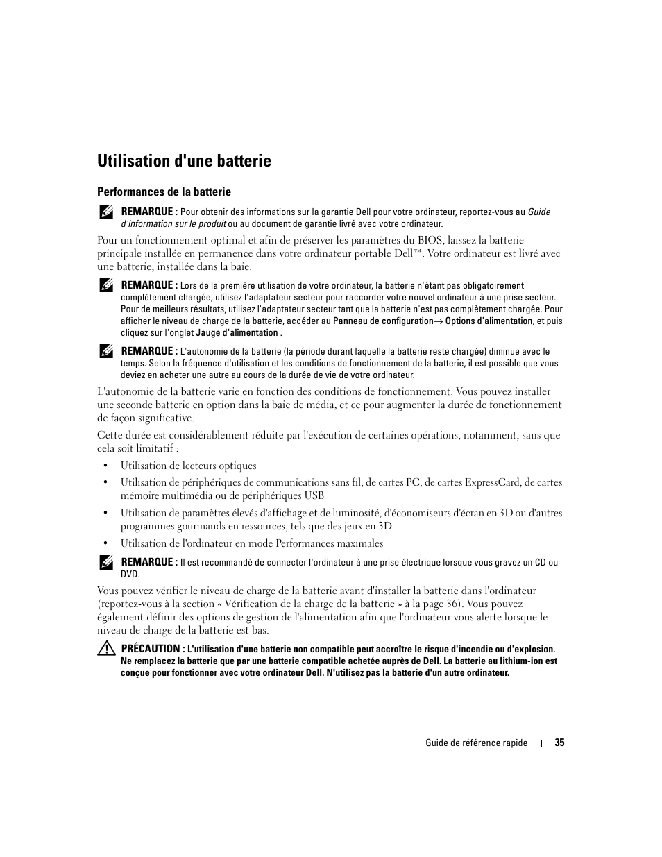 Utilisation d'une batterie, Performances de la batterie | Dell Precision M65 User Manual | Page 35 / 114