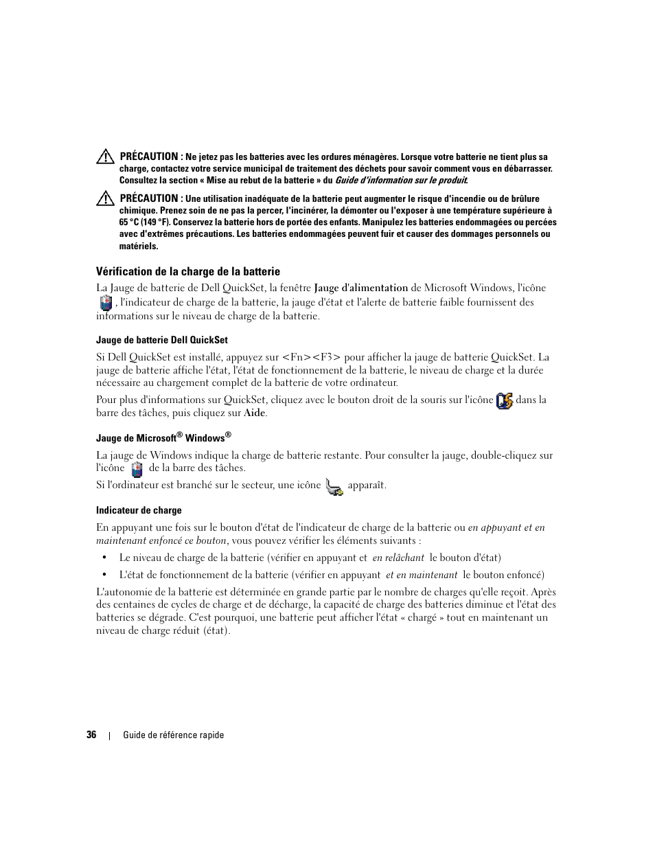 Vérification de la charge de la batterie | Dell Precision M65 User Manual | Page 36 / 114