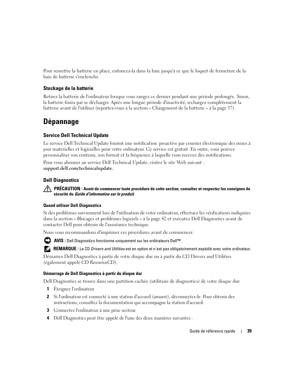 Stockage de la batterie, Dépannage, Service dell technical update | Dell diagnostics | Dell Precision M65 User Manual | Page 39 / 114