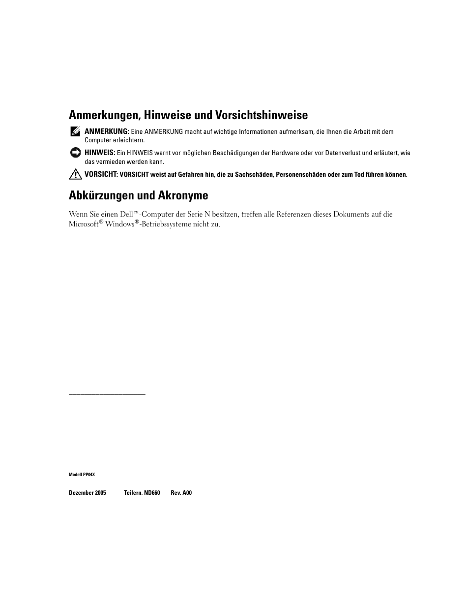 Anmerkungen, hinweise und vorsichtshinweise, Abkürzungen und akronyme | Dell Precision M65 User Manual | Page 48 / 114