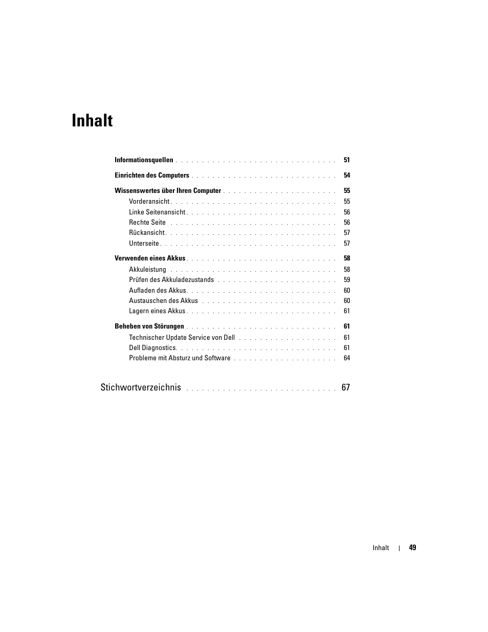 Inhalt, Stichwortverzeichnis | Dell Precision M65 User Manual | Page 49 / 114