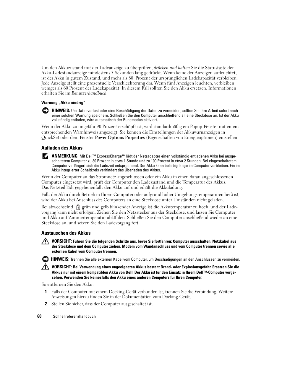 Aufladen des akkus, Austauschen des akkus | Dell Precision M65 User Manual | Page 60 / 114