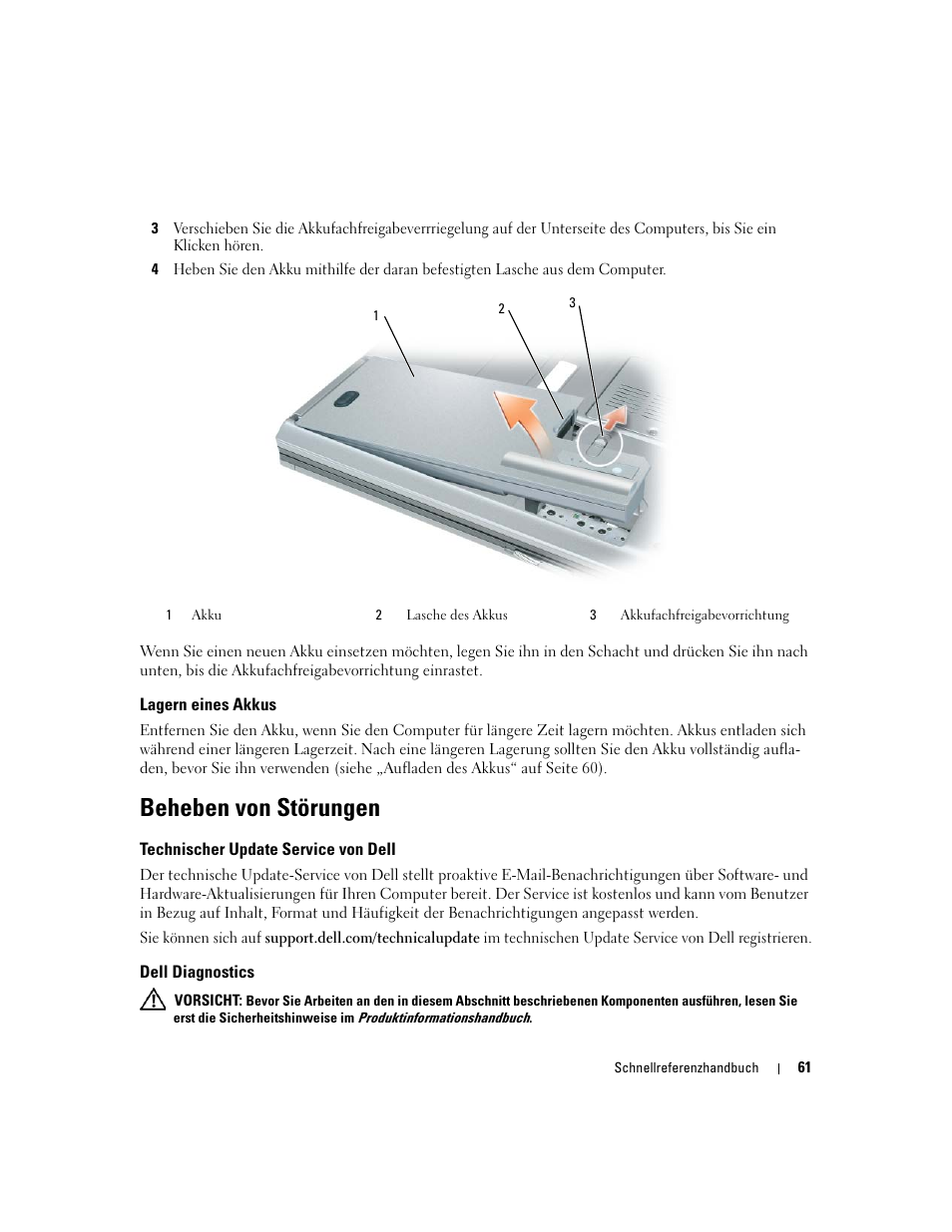 Lagern eines akkus, Beheben von störungen, Technischer update service von dell | Dell diagnostics | Dell Precision M65 User Manual | Page 61 / 114