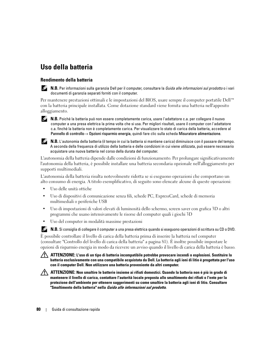 Uso della batteria, Rendimento della batteria | Dell Precision M65 User Manual | Page 80 / 114