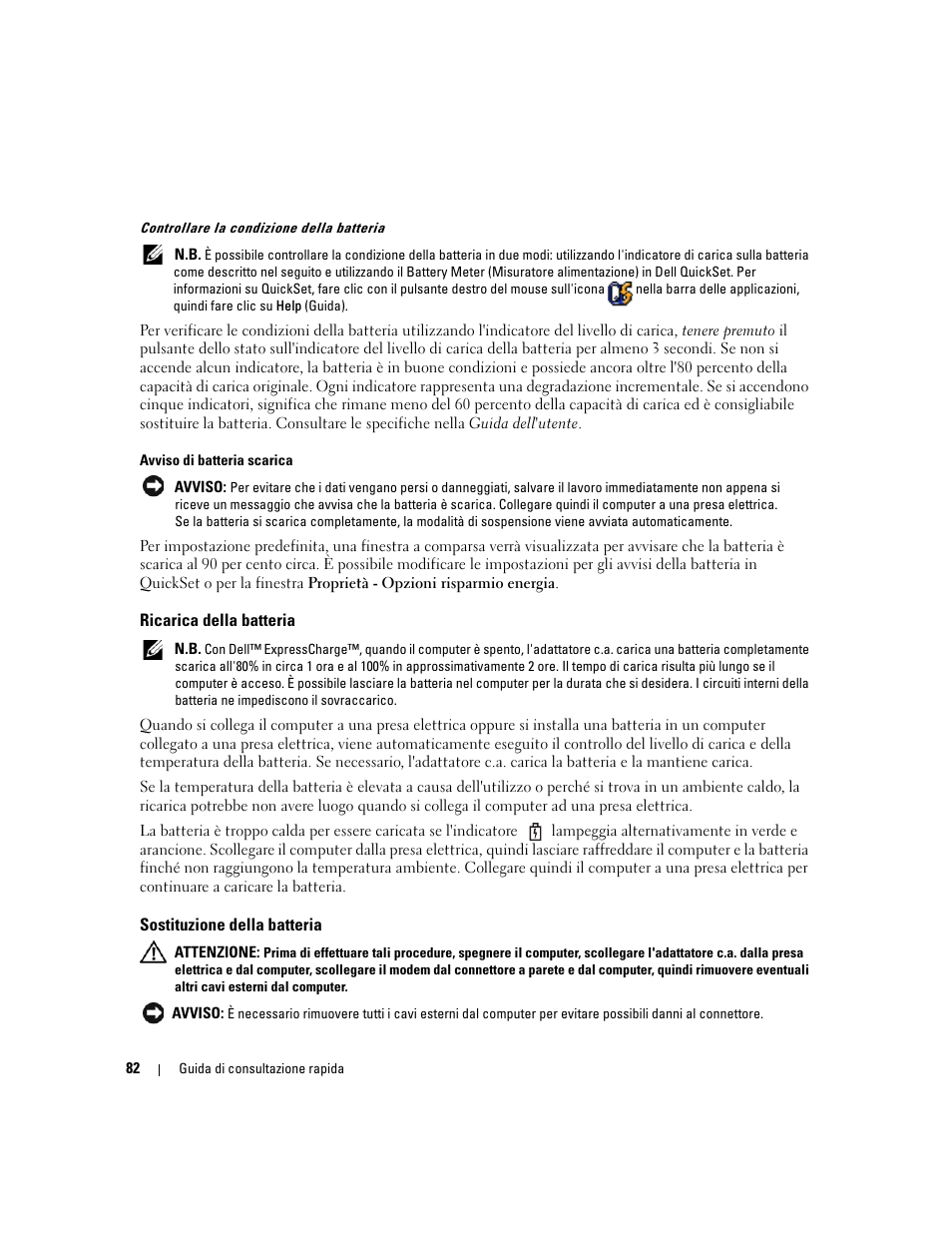 Ricarica della batteria, Sostituzione della batteria | Dell Precision M65 User Manual | Page 82 / 114