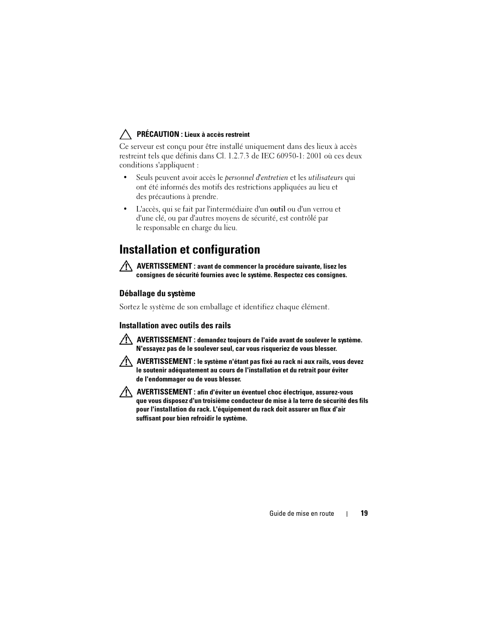 Installation et configuration, Déballage du système, Installation avec outils des rails | Dell PowerEdge C6100 User Manual | Page 21 / 66