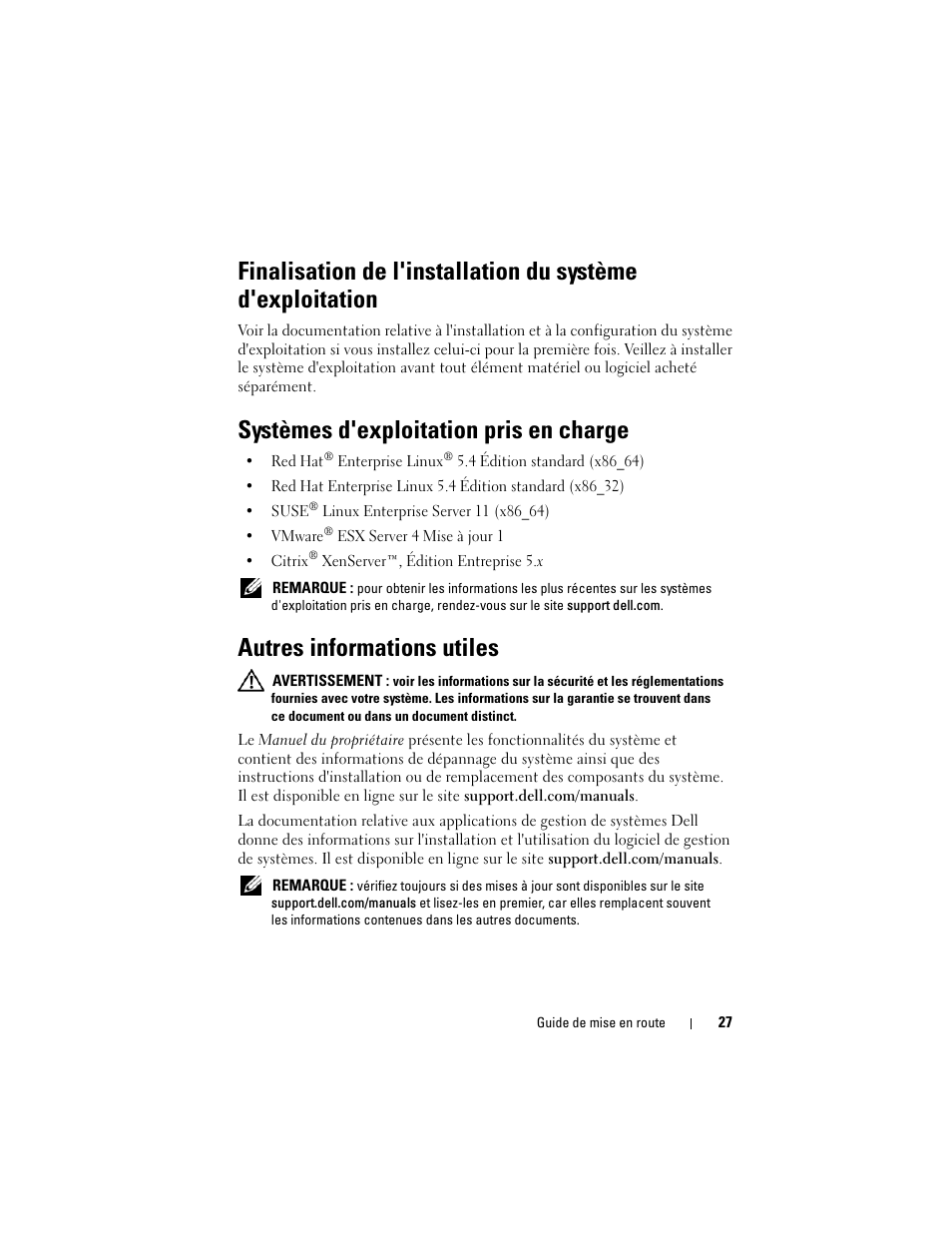 Systèmes d'exploitation pris en charge, Autres informations utiles | Dell PowerEdge C6100 User Manual | Page 29 / 66