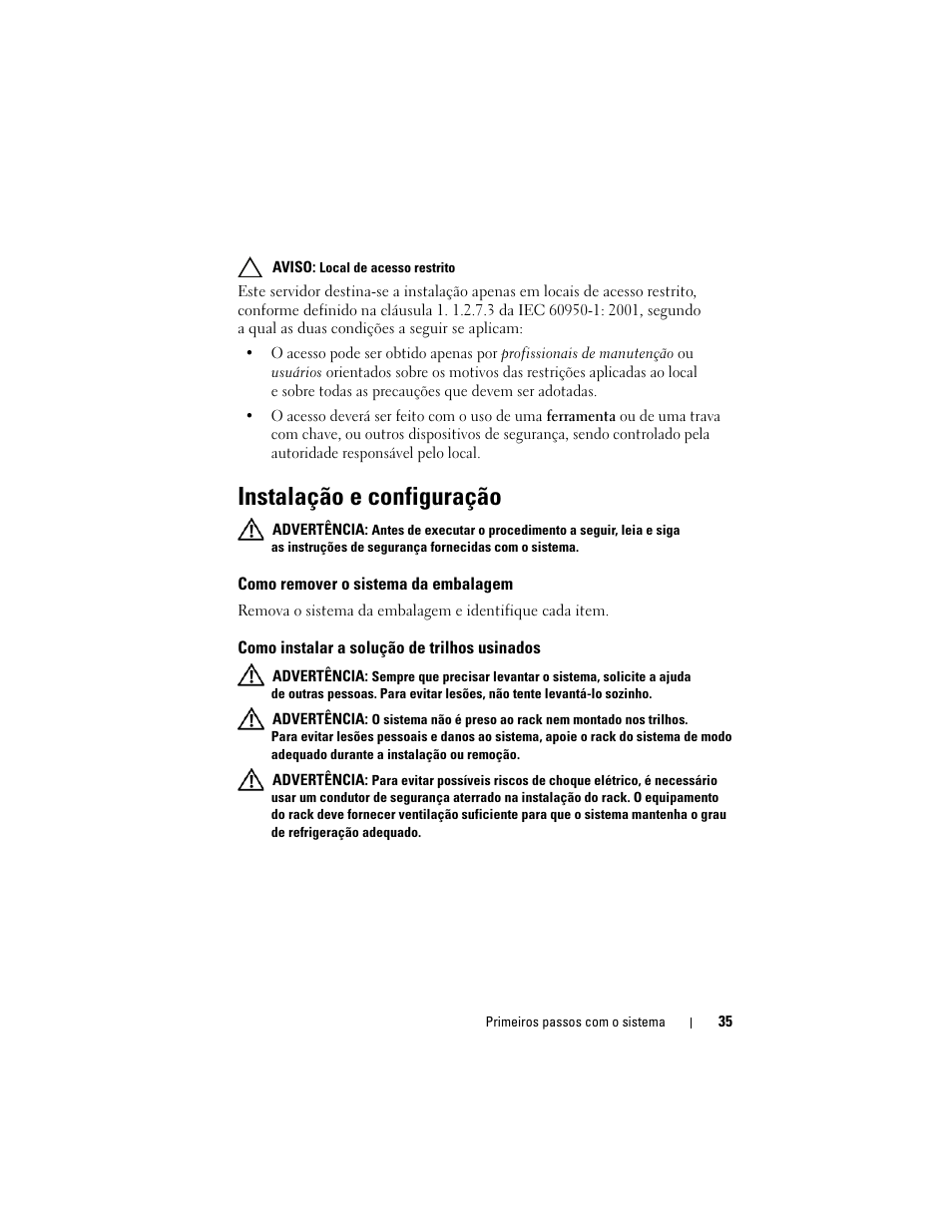 Instalação e configuração, Como remover o sistema da embalagem, Como instalar a solução de trilhos usinados | Dell PowerEdge C6100 User Manual | Page 37 / 66