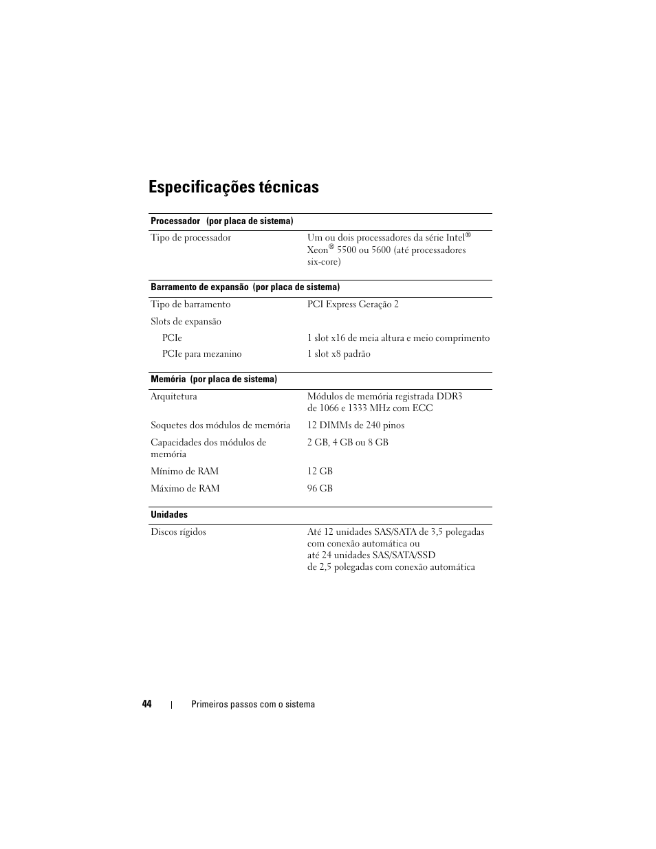 Especificações técnicas | Dell PowerEdge C6100 User Manual | Page 46 / 66