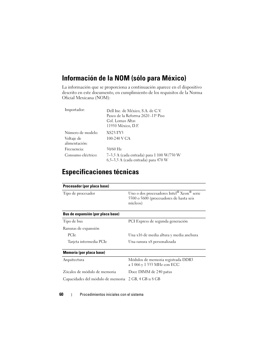 Información de la nom (sólo para méxico), Especificaciones técnicas | Dell PowerEdge C6100 User Manual | Page 62 / 66