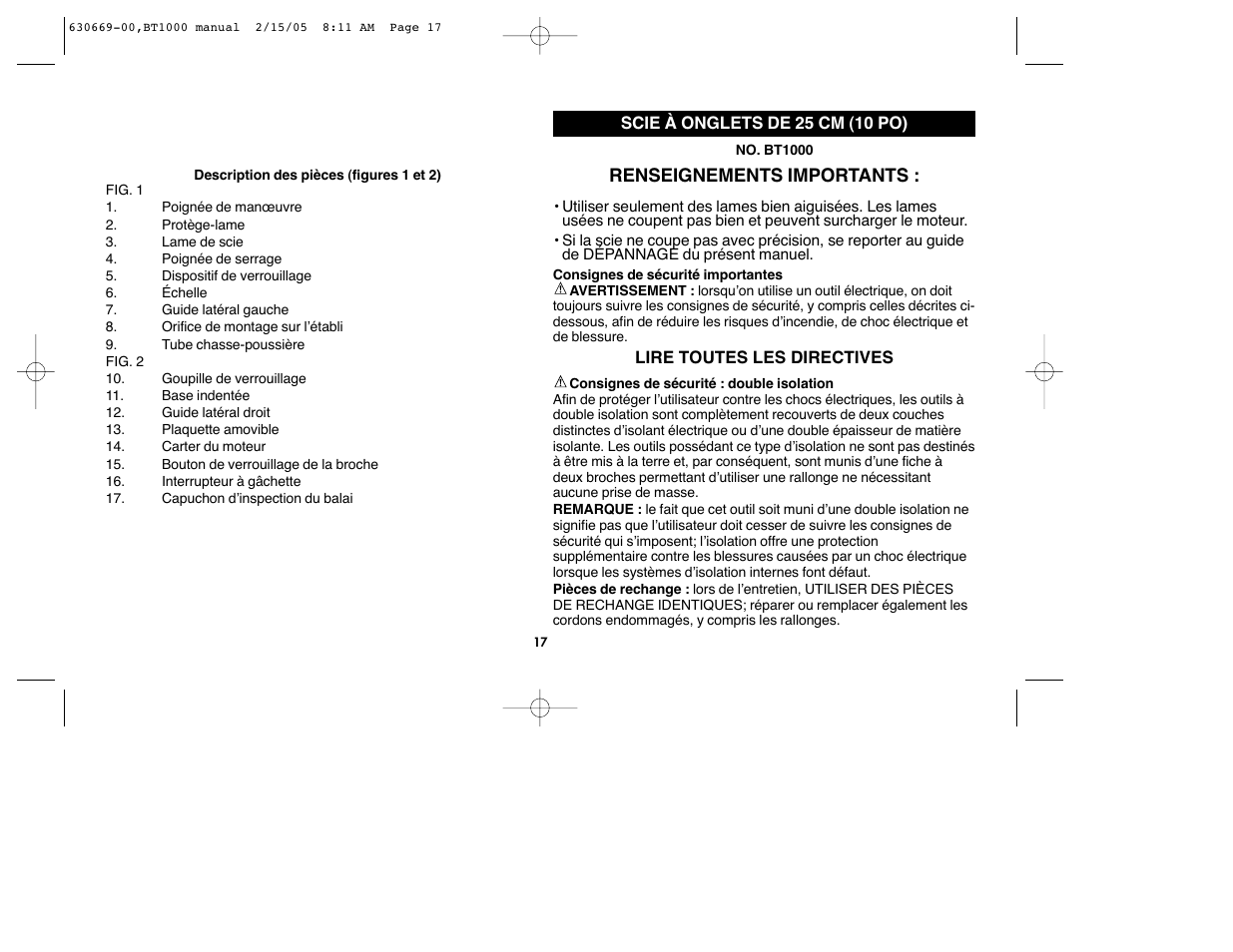 Renseignements importants | Black & Decker BT1000 User Manual | Page 17 / 44