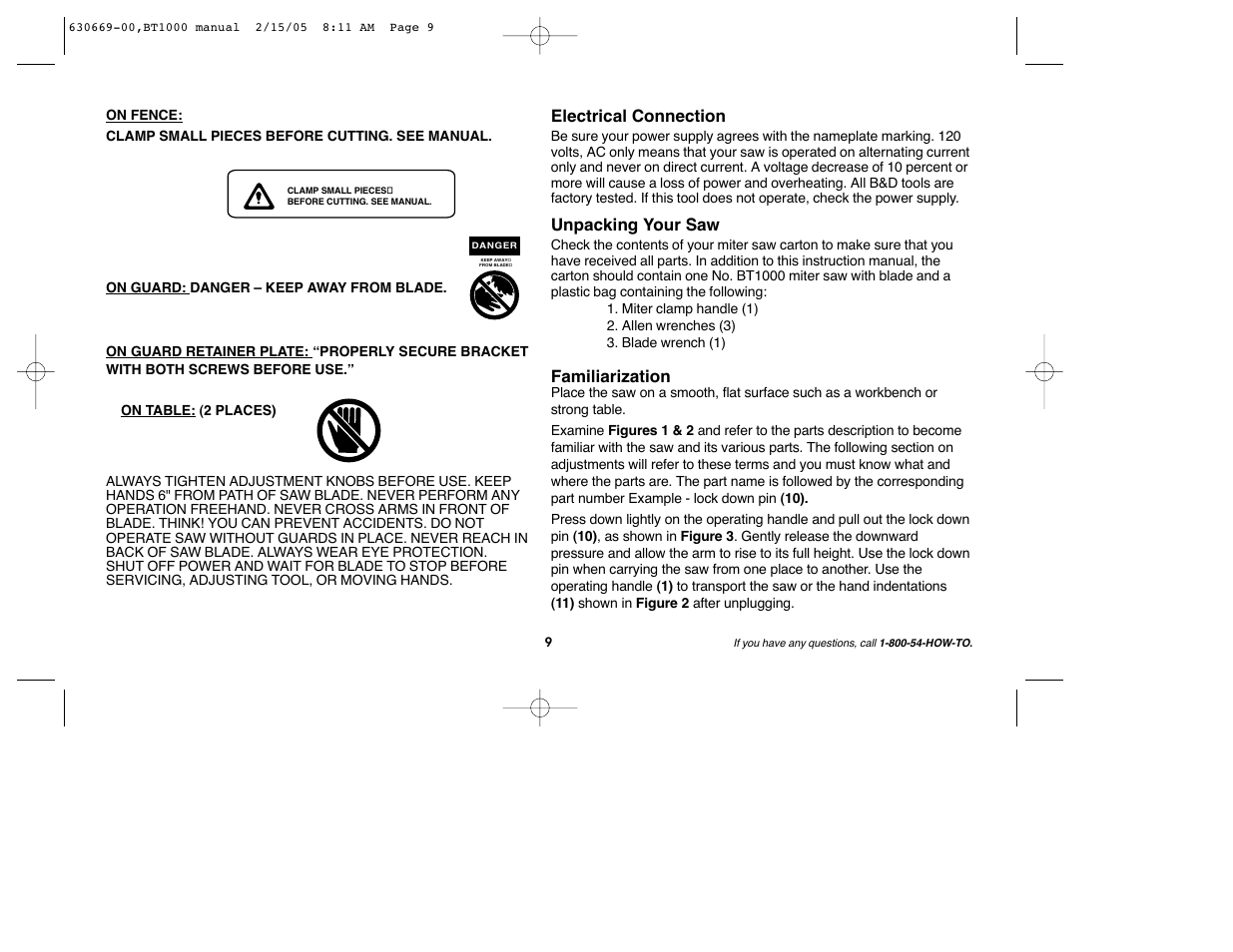 Electrical connection, Unpacking your saw, Familiarization | Black & Decker BT1000 User Manual | Page 9 / 44