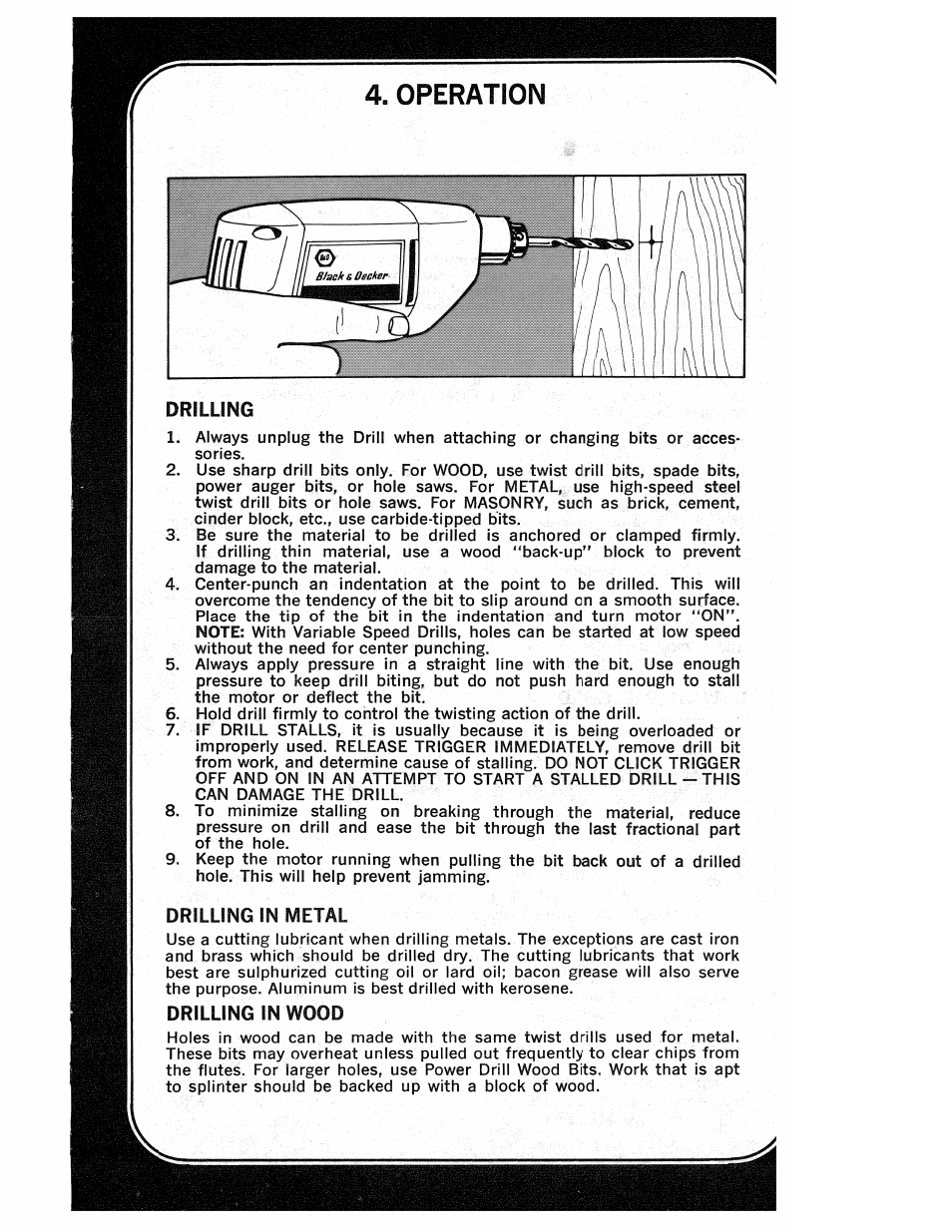 Operation, Drilling, Drilling in metal | Drilling in wood | Black & Decker 7154 User Manual | Page 4 / 6