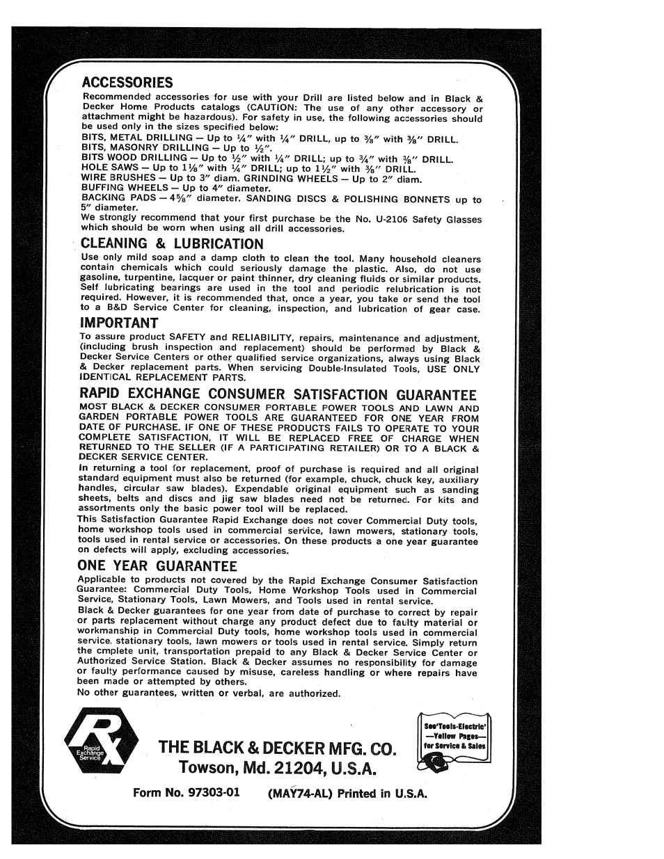 Accessories, Cleaning & lubrication, Important | One year guarantee, Mfg. co, The black & decker, Rapid exchange consumer satisfaction guarantee | Black & Decker 7154 User Manual | Page 6 / 6