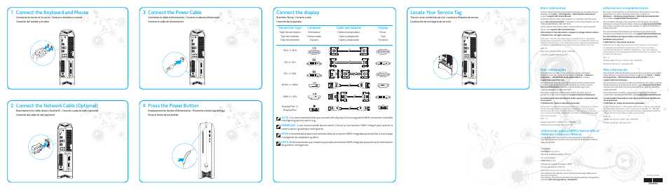 Connect the keyboard and mouse, Connect the network cable (optional), Connect the power cable | Press the power button, Connect the display, Locate your service tag, Connection type, Computer, Cable and adapter, Display | Dell Alienware X51 (Early 2012) User Manual | Page 2 / 2