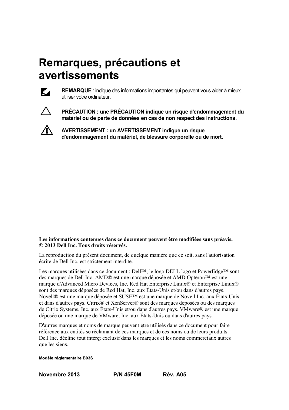 Modèle réglementaire b03s, Remarques, précautions et avertissements | Dell POWEREDGE C6105 User Manual | Page 18 / 62