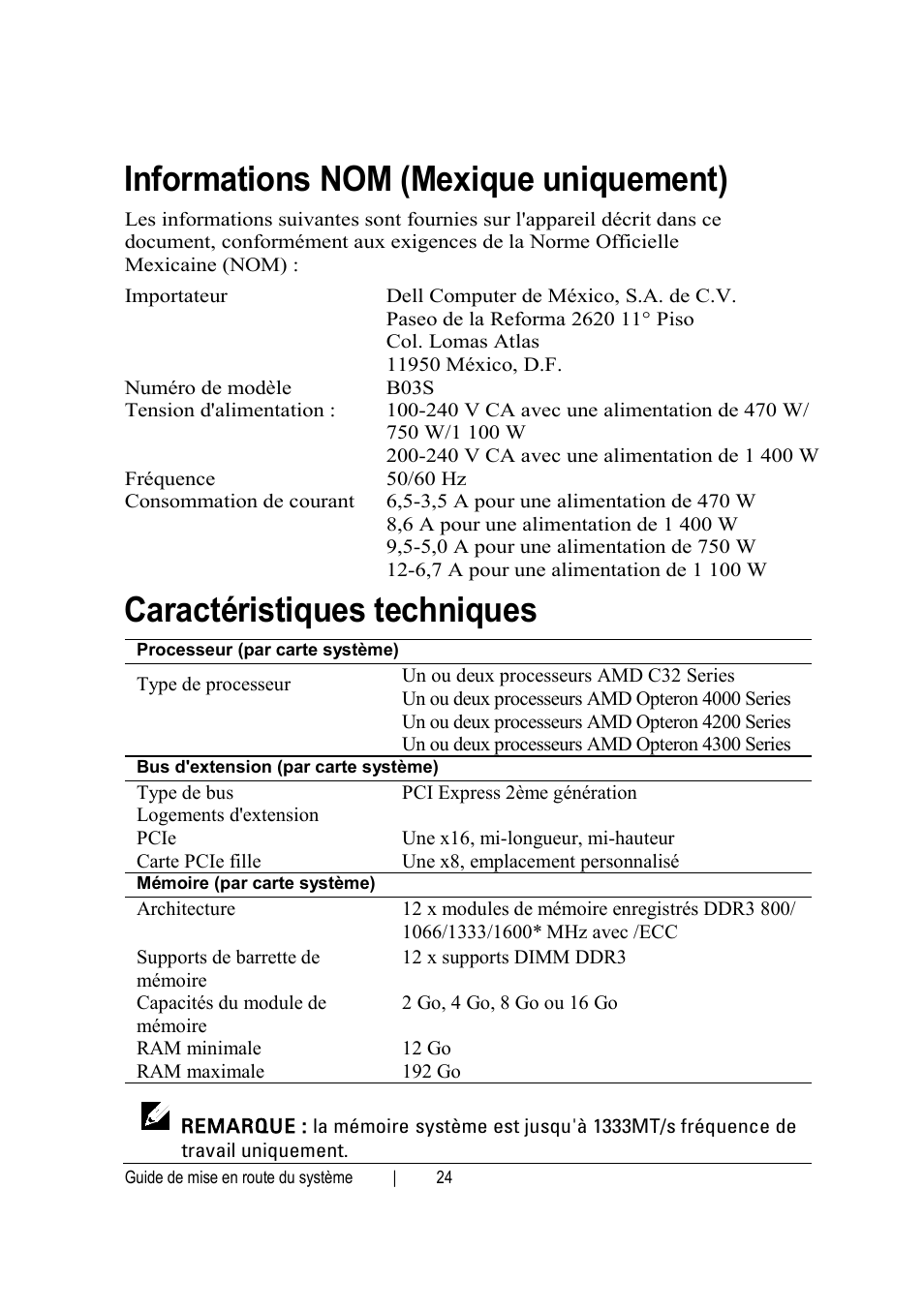 Informations nom (mexique uniquement), Caractéristiques techniques | Dell POWEREDGE C6105 User Manual | Page 26 / 62