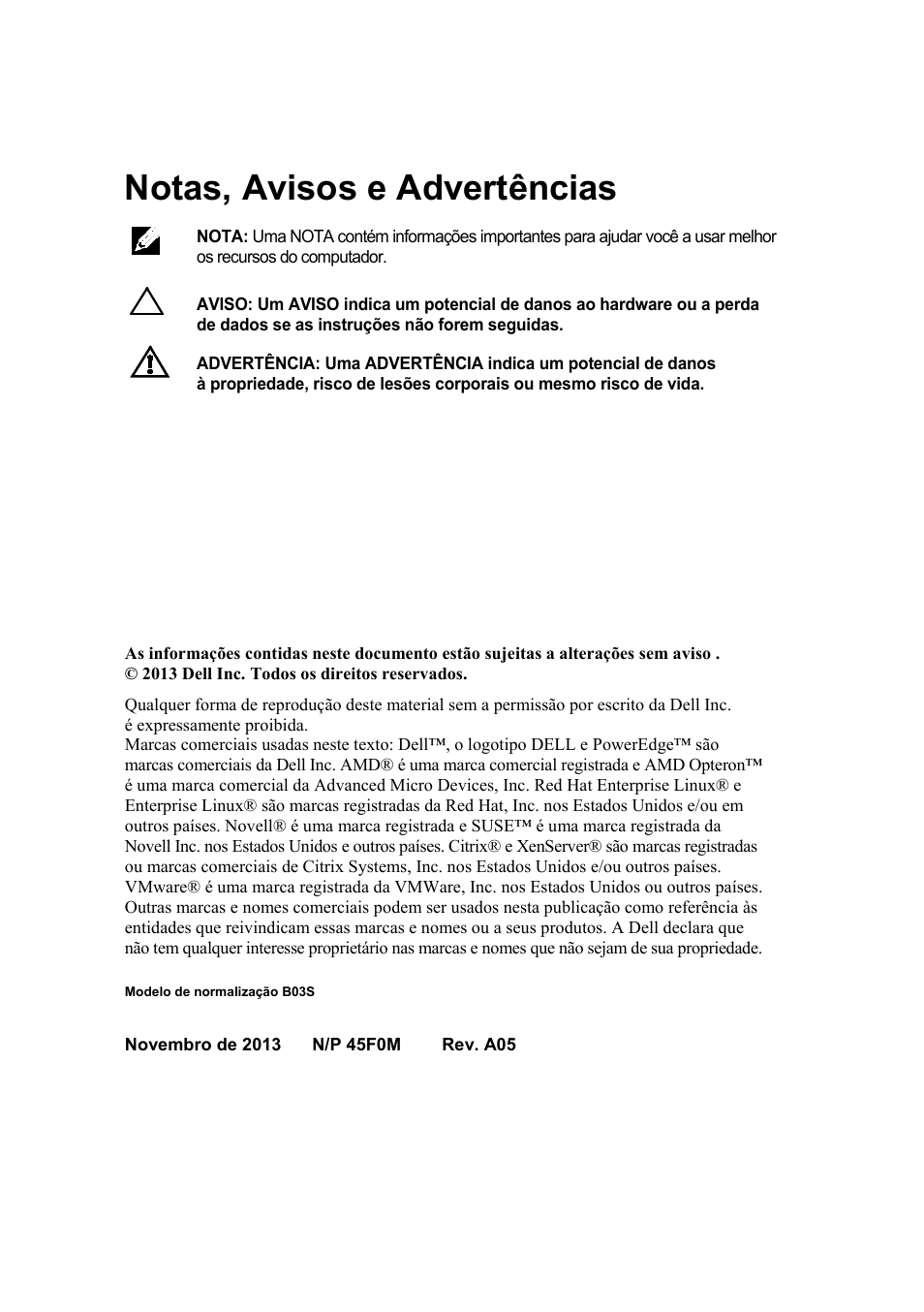 Modelo de normalização b03s, Notas, avisos e advertências | Dell POWEREDGE C6105 User Manual | Page 32 / 62