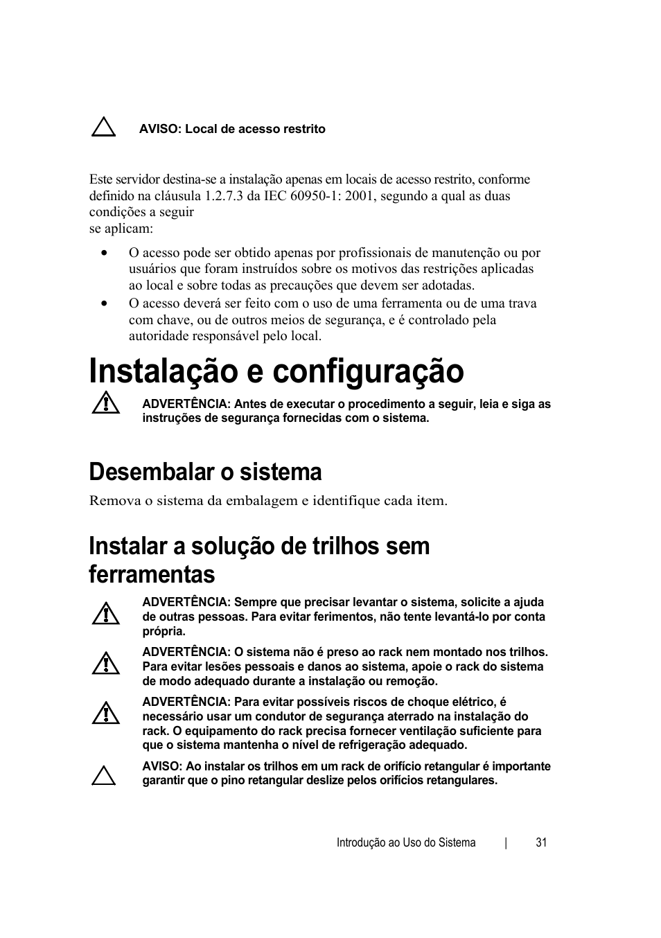 Instalação e configuração, Desembalar o sistema, Instalar a solução de trilhos sem ferramentas | Dell POWEREDGE C6105 User Manual | Page 33 / 62