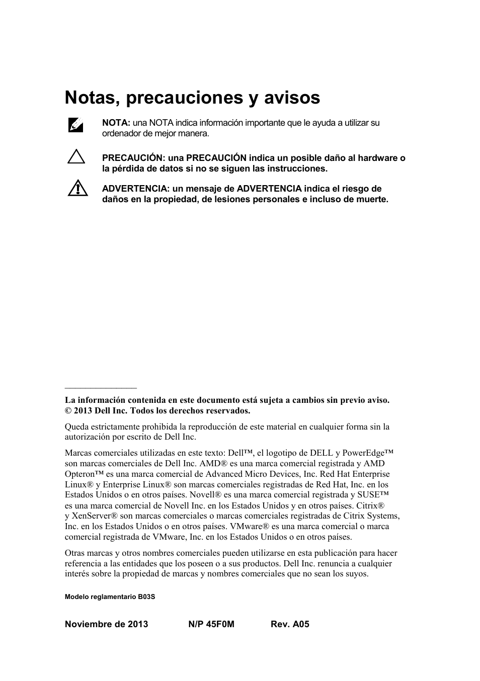 Modelo reglamentario b03s, Notas, precauciones y avisos | Dell POWEREDGE C6105 User Manual | Page 46 / 62