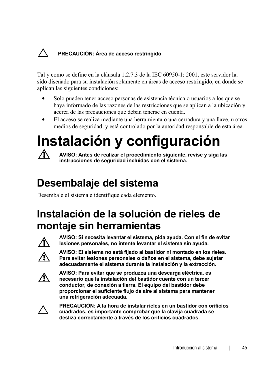 Instalación y configuración, Desembalaje del sistema | Dell POWEREDGE C6105 User Manual | Page 47 / 62
