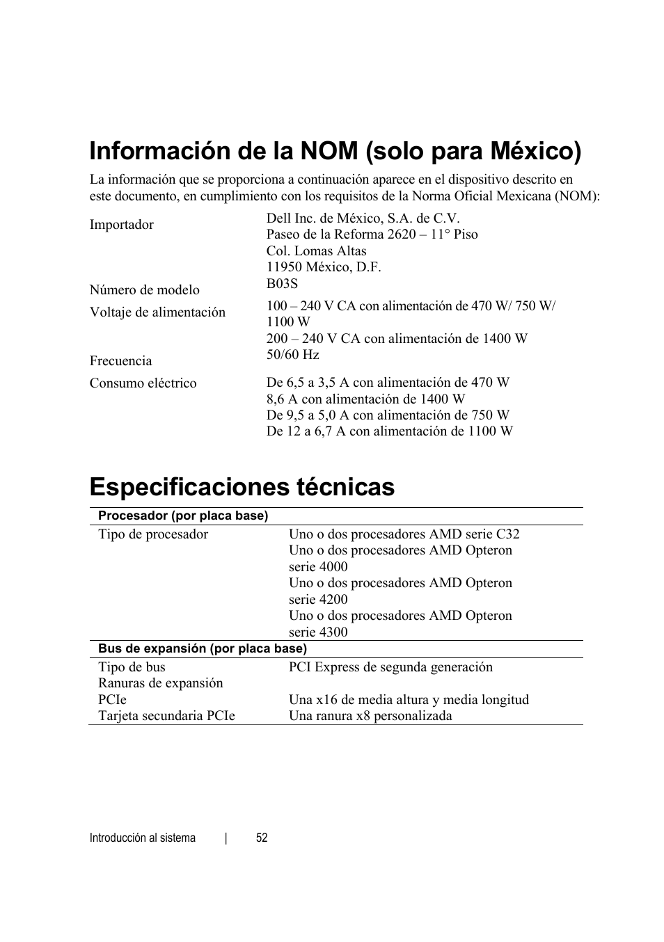 Información de la nom (solo para méxico), Especificaciones técnicas | Dell POWEREDGE C6105 User Manual | Page 54 / 62