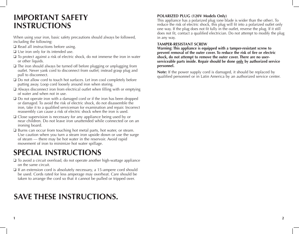 Special instructions | Black & Decker F2200 User Manual | Page 2 / 13